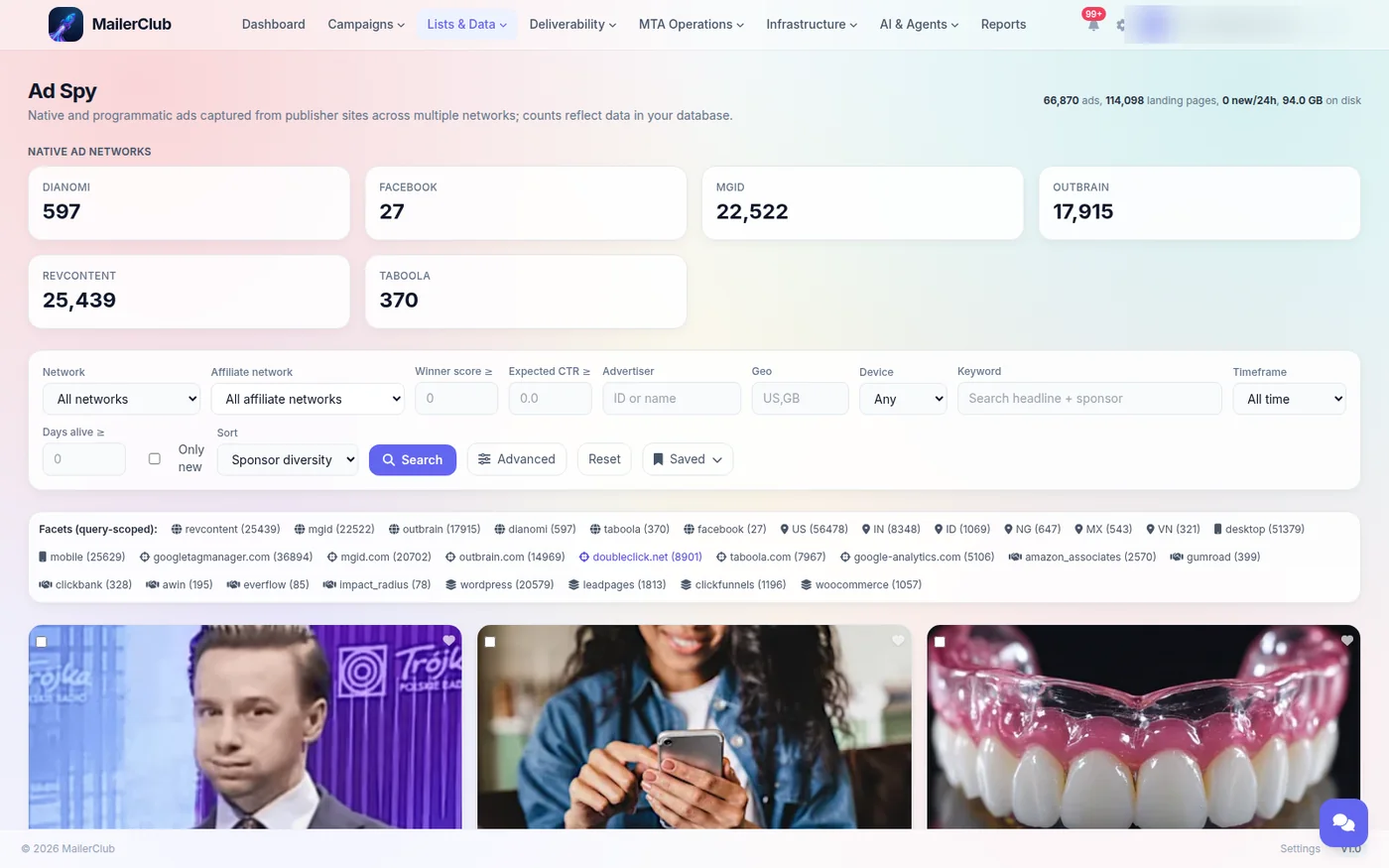 AdSpy search overview: header counts of 66,870 ads and 114,098 landing pages, per-network totals for Dianomi, Facebook, MGID, Outbrain, Revcontent and Taboola, a filter bar with winner score, expected CTR, advertiser, geo, device and keyword fields, a facet row of networks, countries, devices and tracker signatures, and the first row of captured ad creatives. Account identifier covered.