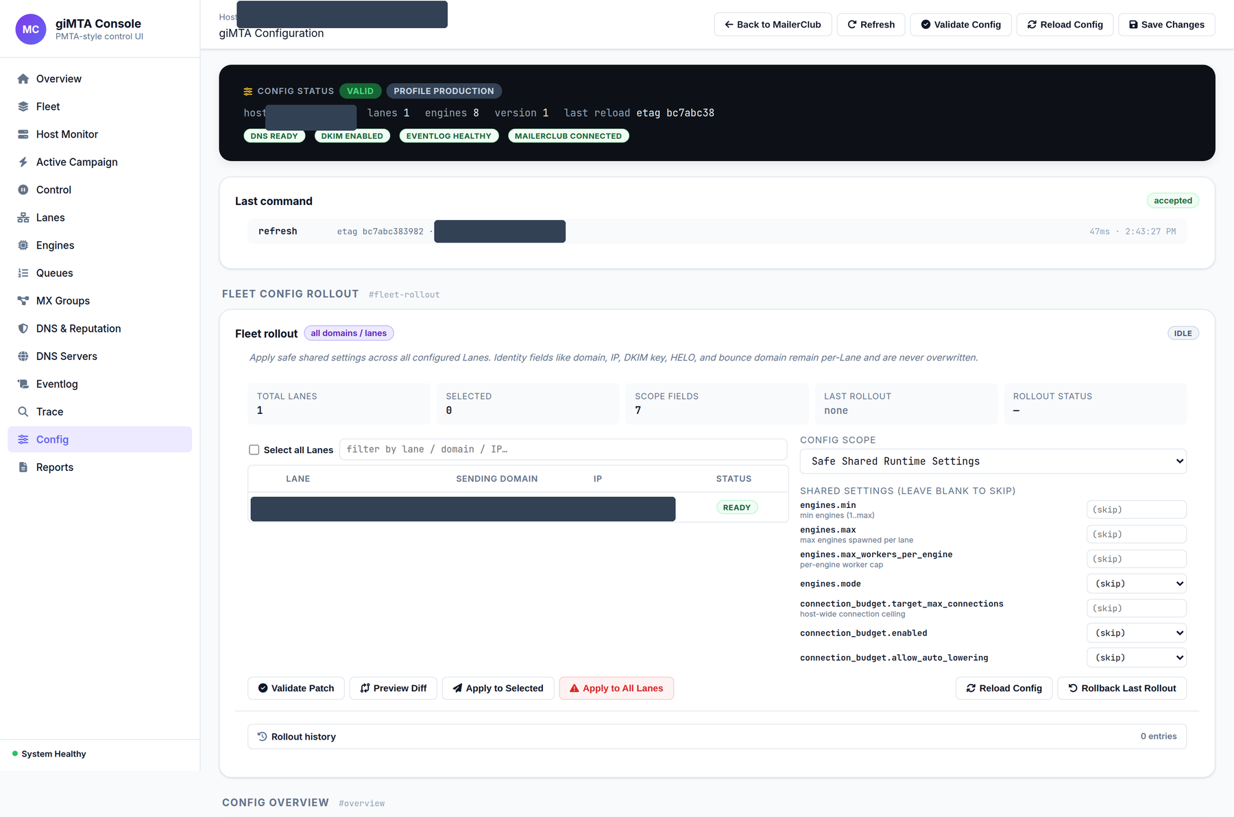 giMTA configuration page. A dark config status banner reads valid, profile production, with badges for DNS ready, DKIM enabled, eventlog healthy and MailerClub connected. Below it a last-command log line shows a refresh command. A fleet config rollout card offers a lane picker table and a config scope selector set to safe shared runtime settings, listing engine minimum and maximum and connection budget fields each set to skip, with buttons to validate patch, preview diff, apply to selected and apply to all lanes.