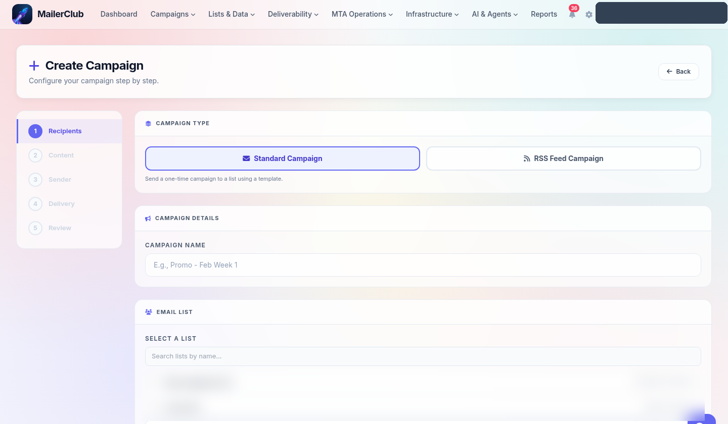 MailerClub create campaign wizard at step one of five. A left stepper lists recipients, content, sender, delivery and review, with recipients highlighted. The form shows a standard versus RSS campaign type toggle, a campaign name field, and a recipient-list picker populated with selectable list rows whose names and contact counts are blurred.