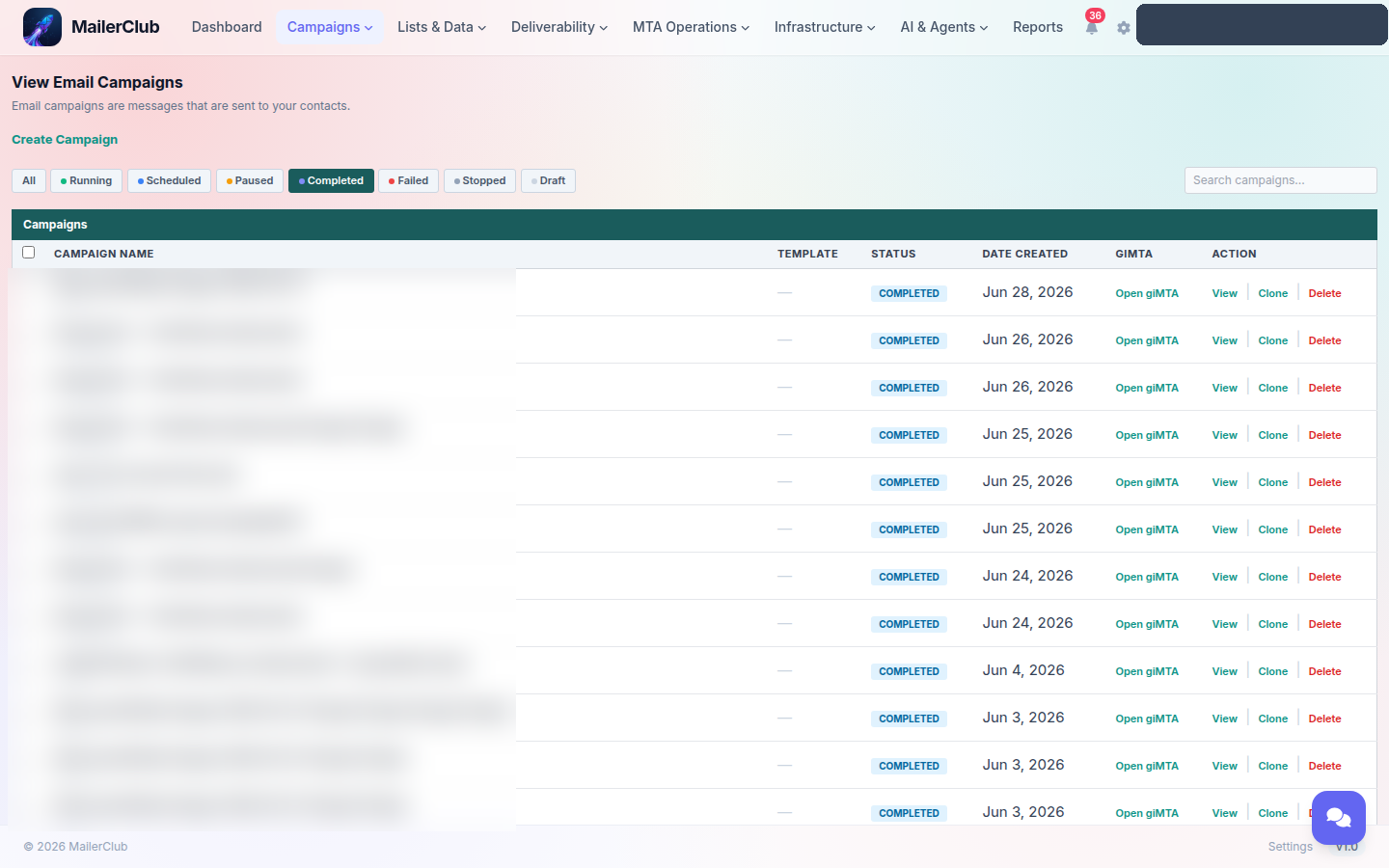 MailerClub campaign index filtered to completed campaigns, showing the completed filter chip active and a table of completed campaigns with template, status, date created, engine link and per-row actions.