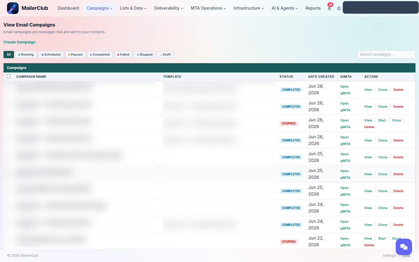 MailerClub campaign index. Filter chips read all, running, scheduled, paused, completed, failed, stopped and draft, with a search box. A table lists campaigns with columns for campaign name, template, status, date created, engine link and actions; status pills read completed and stopped, and each row offers open engine, view, clone, start and delete actions.